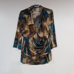 Laura Plus Petites 3/4 Sleeve Wrap Blouse Tan Teal Size 1X